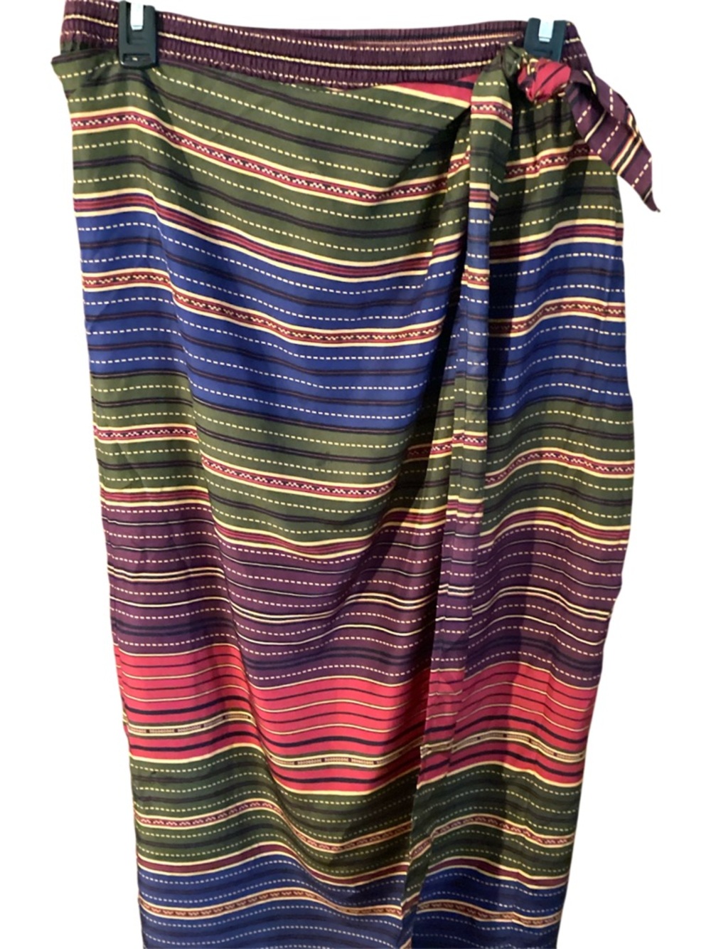 Chai’s Silk Wrap Skirt in Olive, Navy & Plum, Knot Tie-Waist, Large